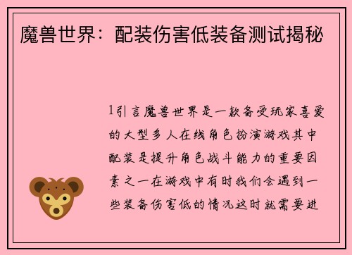 魔兽世界：配装伤害低装备测试揭秘